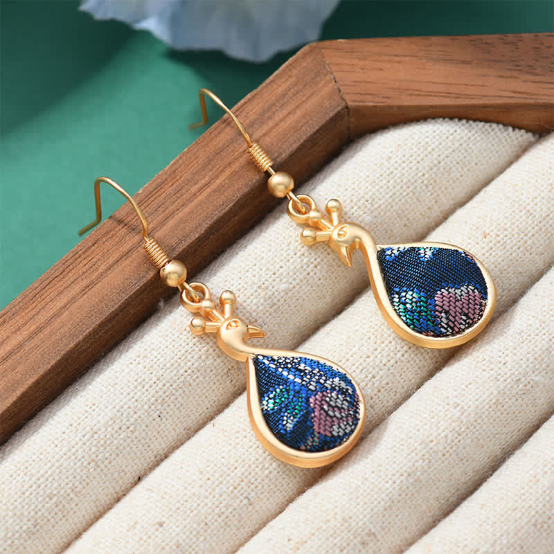 Ohrringe Song-Brokat Jade Blumen Wohlstand Pfau Gold Boho Schmuck spirituell