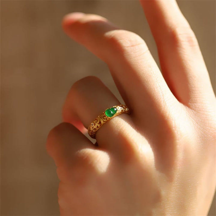 Vintage Kupfer Ring mit grünem Chalzedon Kürbis Wohlstand Fengshui