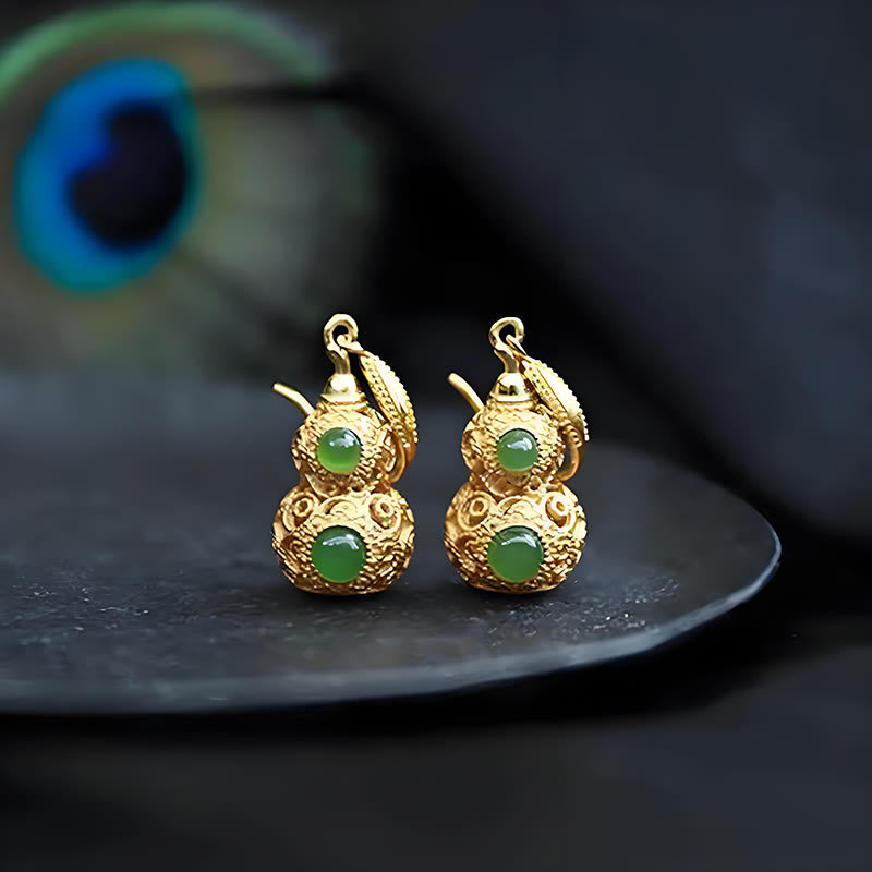 Ohrringe Jade Kupfer Kalebasse – Wohlstand goldfarben grüne Steine Boho Schmuck