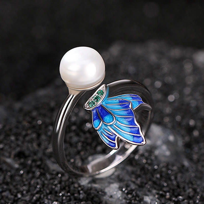 Ohrringe Silber Perle Schmetterling blau emailliert eleganter Schmuck Boho