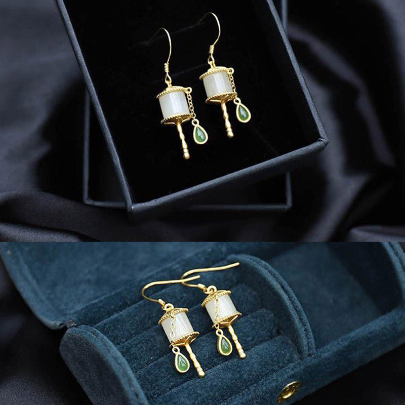 Ohrringe Jade Gebetsmühle Gold Schmuckbox grün spirituell Boho Ohrhänger