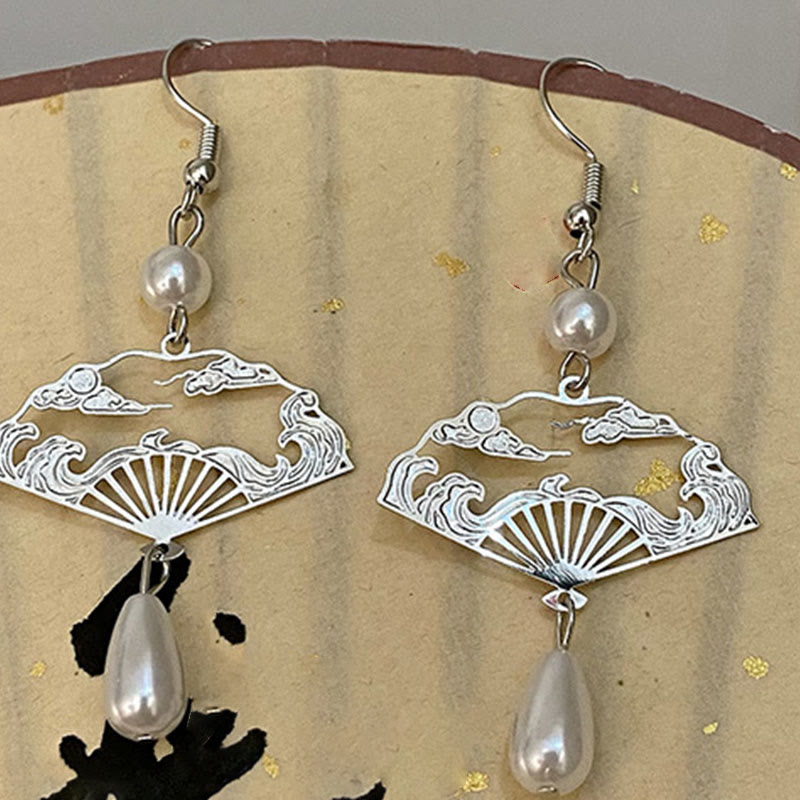 Ohrringe Kupfer Perle Glückswolken Fächer Silber asiatisch Boho Schmuck spirituell