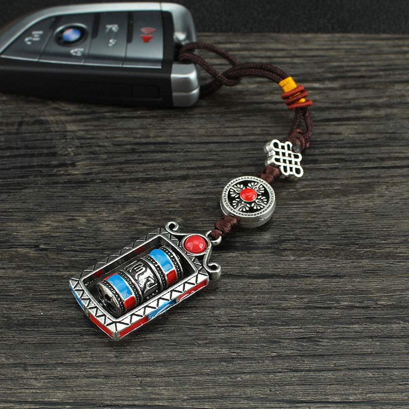 Schlüsselanhänger Om Mani Gebetsmühle Silber tibetisch Glücksknoten spirituell Talisman