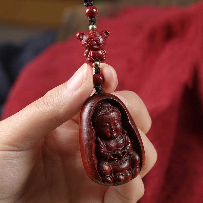 Schlüsselanhänger Buddha Sandelholz Tierkreis Tiger geschnitzt spirituell Glücksbringer