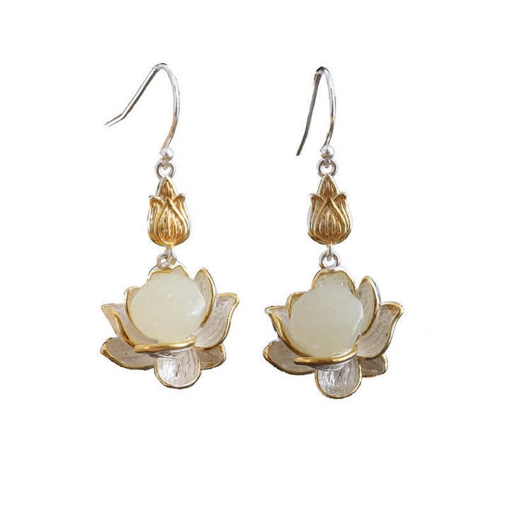 Ohrringe Weißer Jade Tropfen Lotus Silber Gold Boho Schmuck spirituell