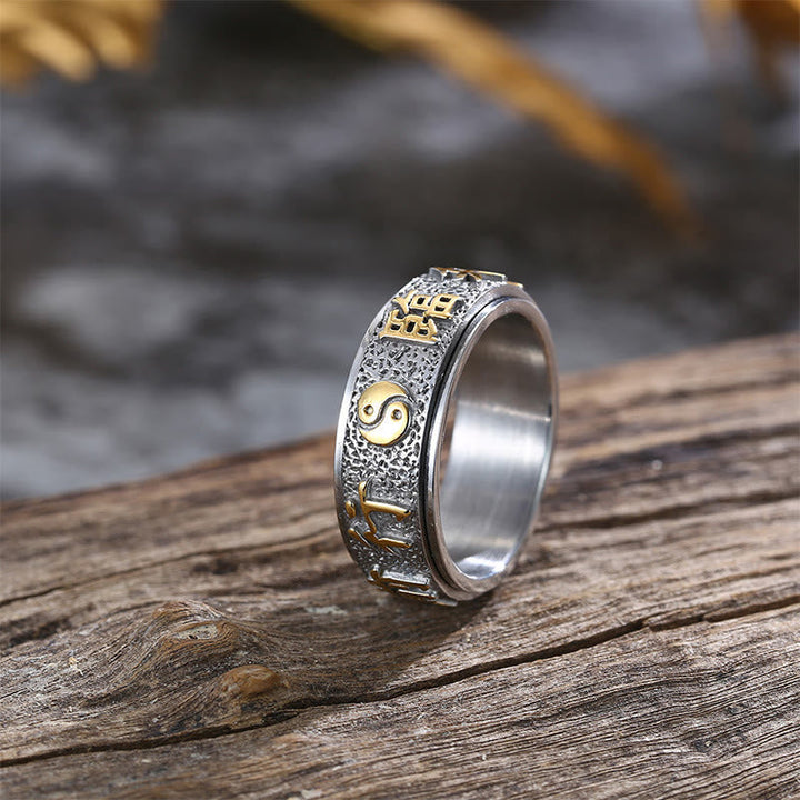 Ring Titanstahl Neun-Wort-Mantra Yin Yang – Balance Silver with Gold