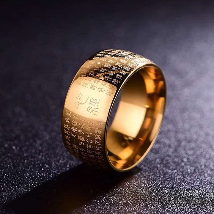 Ring Titanstahl Tibetisches Siegel Herzsutra – Balance Golden