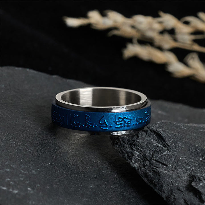 Spiritueller Ring Titanstahl Blau mit Mantra Balance für innere Harmonie