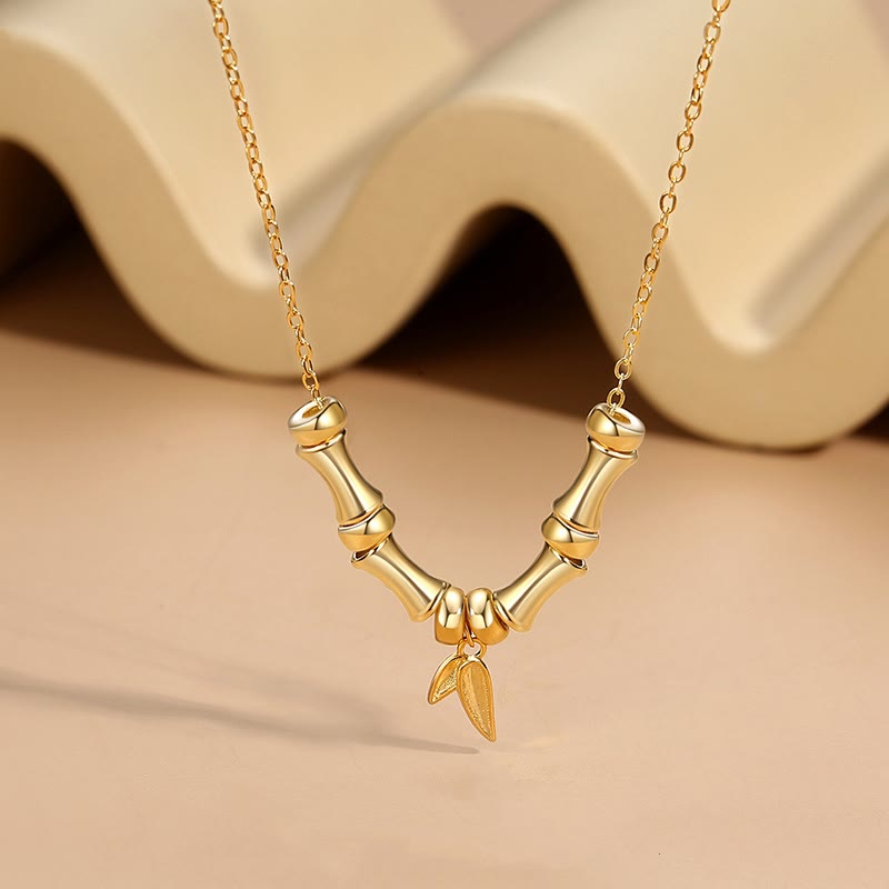 Goldene Anhänger Kette Titanstahl Bambusmuster Wohlstand Blatt Charm