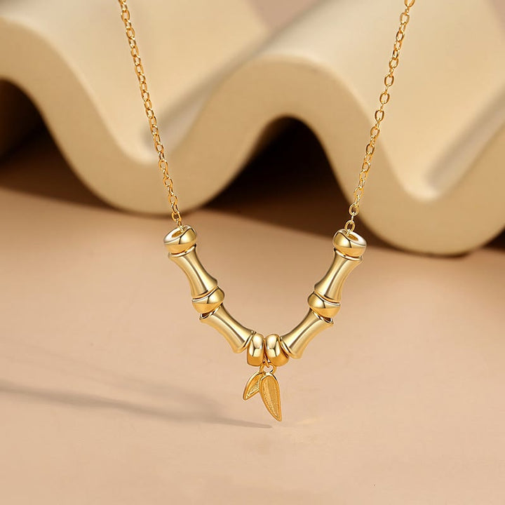 Goldene Anhänger Kette Titanstahl Bambusmuster Wohlstand Blatt Charm