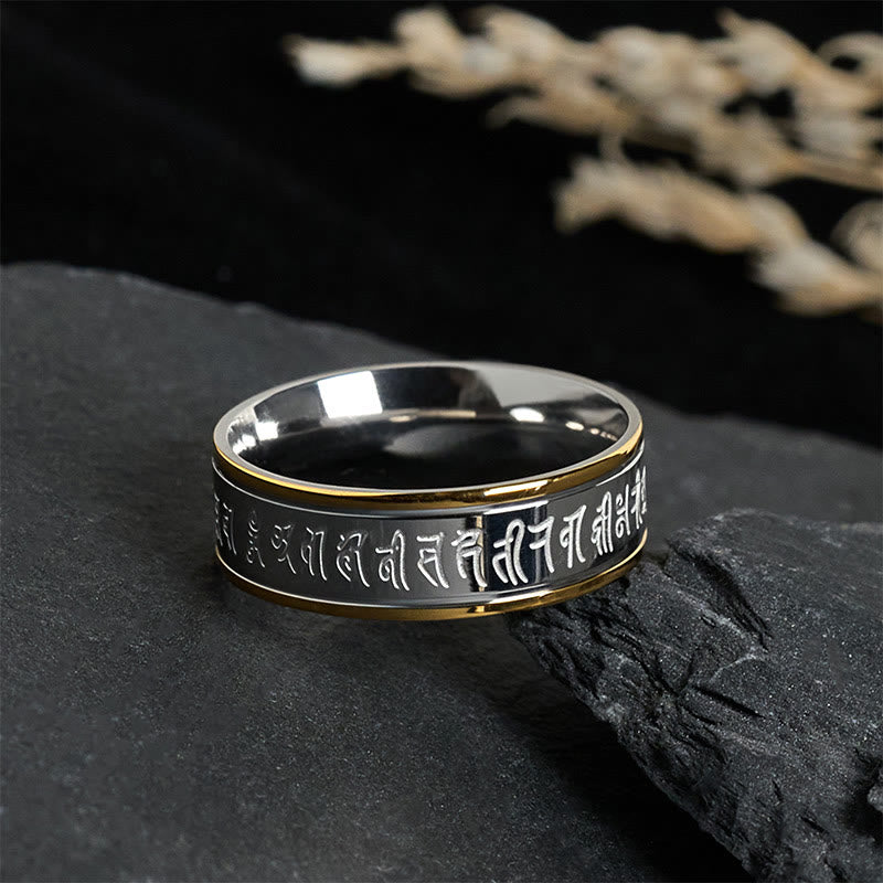 Shurangama Mantra Ring Titanstahl Goldstreifen Balance Sanskrit Schmuck