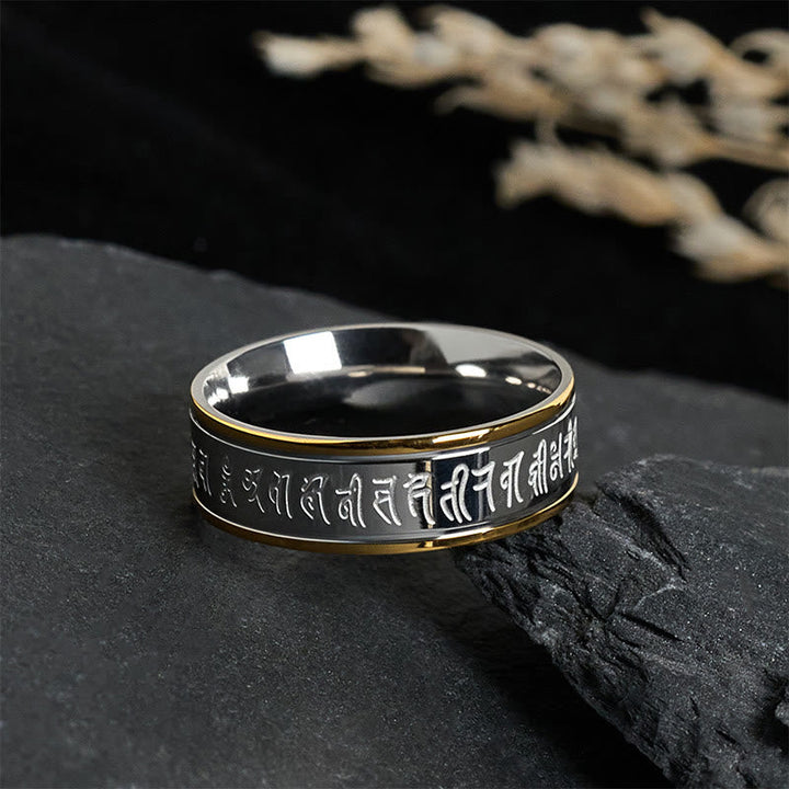 Shurangama Mantra Ring Titanstahl Goldstreifen Balance Sanskrit Schmuck