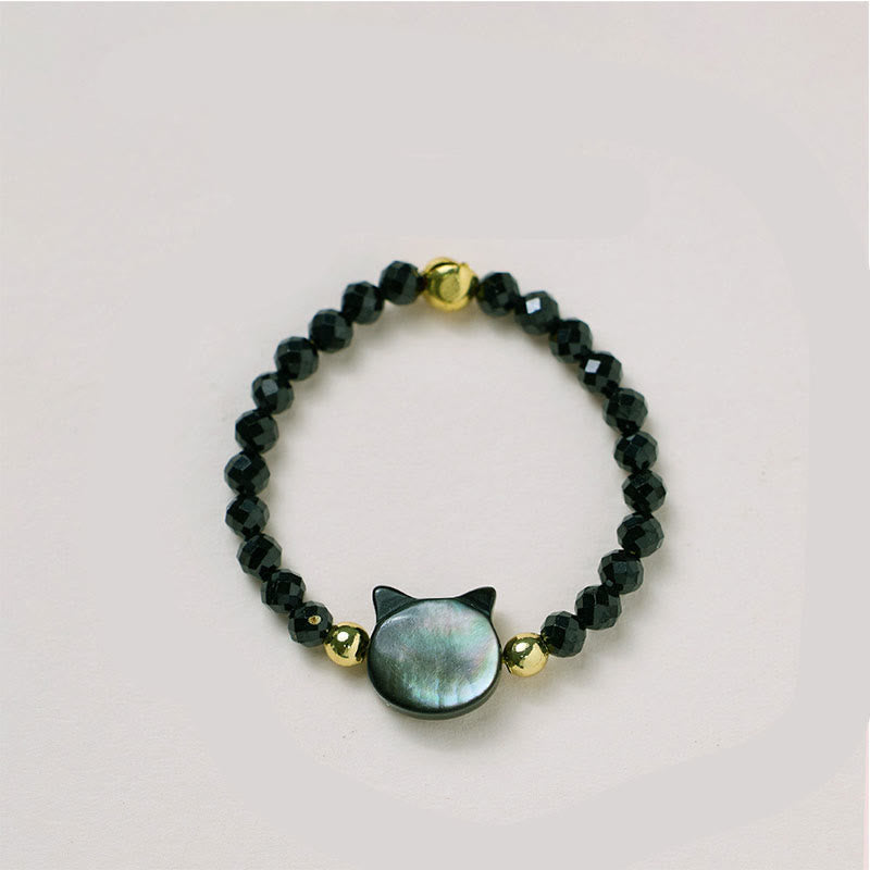 Schwarzer Perlen Armband Ring Tridacna Katze Segen Glück