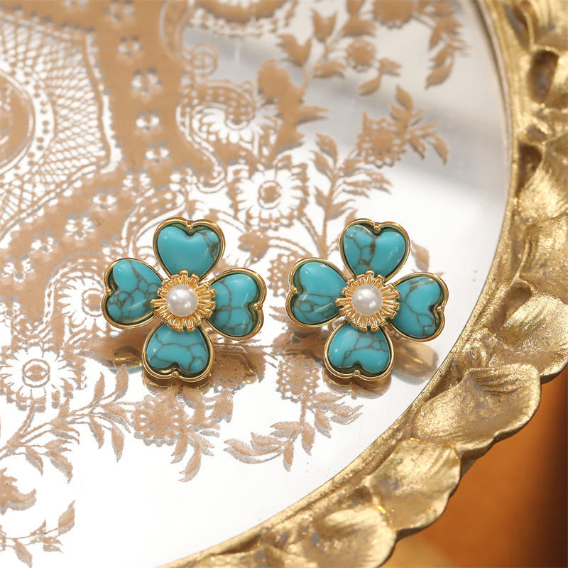 Ohrringe Türkis Herz Blume Gold Perle Boho Schmuck spirituell