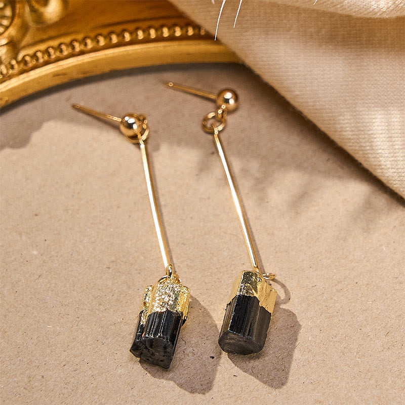Ohrringe Schwarzer Turmalin Gold Rohstein Boho Schmuck spirituell Ohrhänger lang