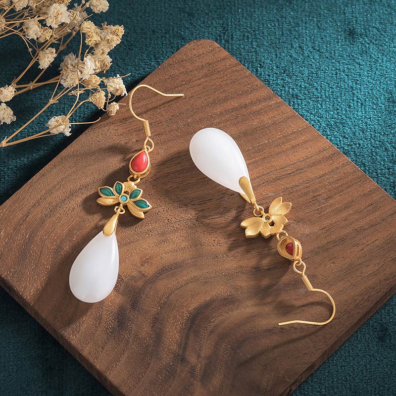 Ohrringe Weiße Jade – Glück Lotus Gold Tropfen Boho Schmuck spirituell
