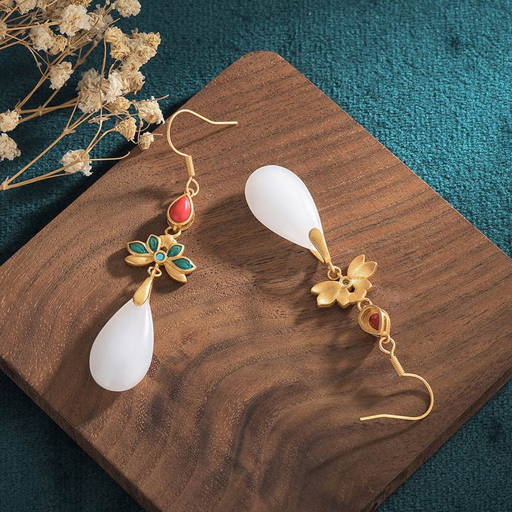 Ohrringe Weiße Jade – Glück Lotus Gold Tropfen Boho Schmuck spirituell
