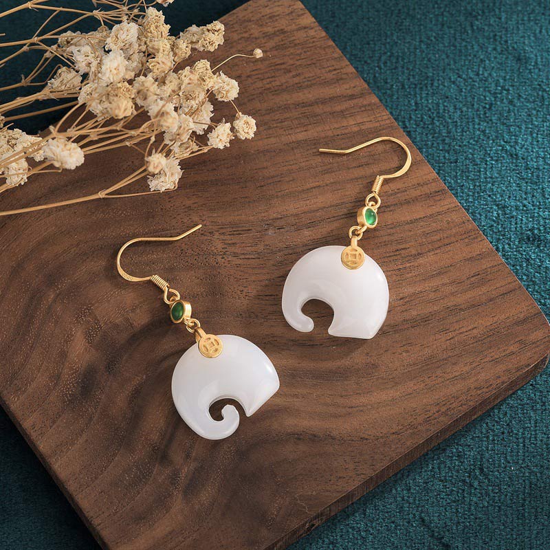 Ohrringe Weiße Jade Elefant – Glück Boho Schmuck spirituell Ohrhänger gold