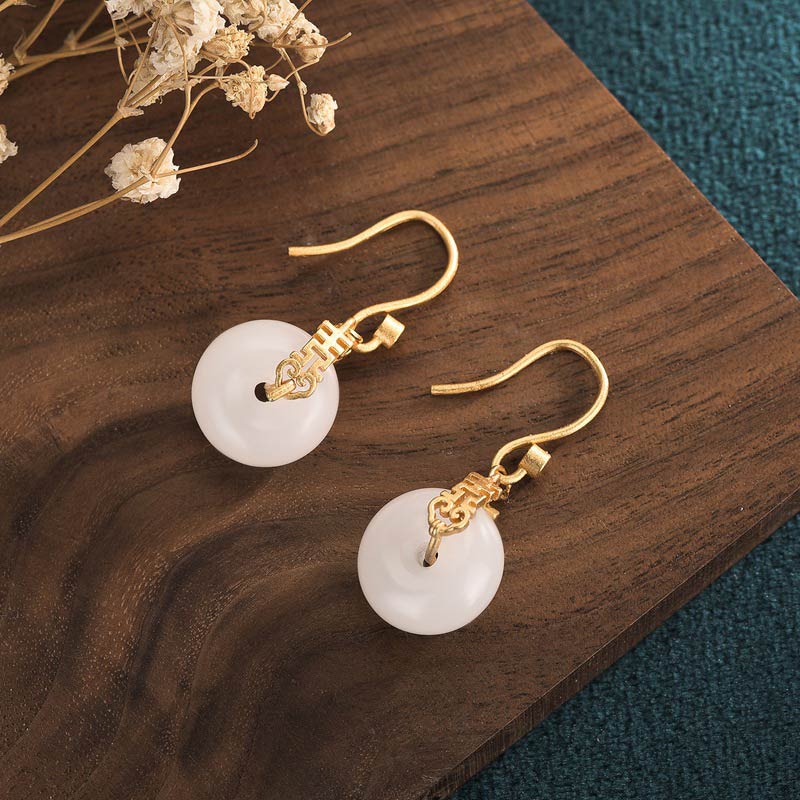 Ohrringe Weiße Jade Doppeltes Glück Gold Boho Schmuck spirituell Ohrhänger
