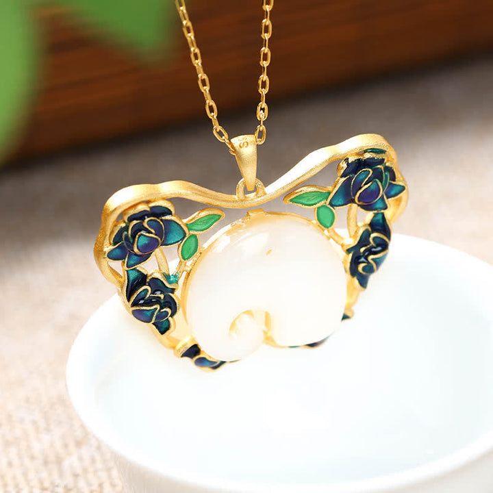 Weiße Jade Anhänger Kette goldene Blüte Emaille Schmuck