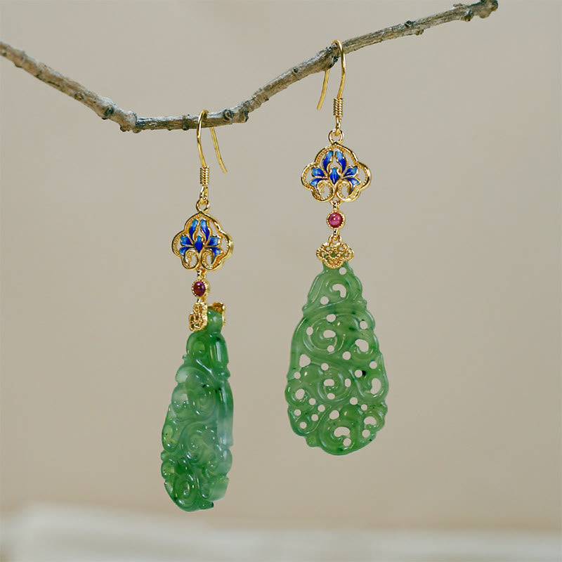Ohrringe Hetian Jade Emaille – Wohlstand grün gold Boho Schmuck Ohrhänger