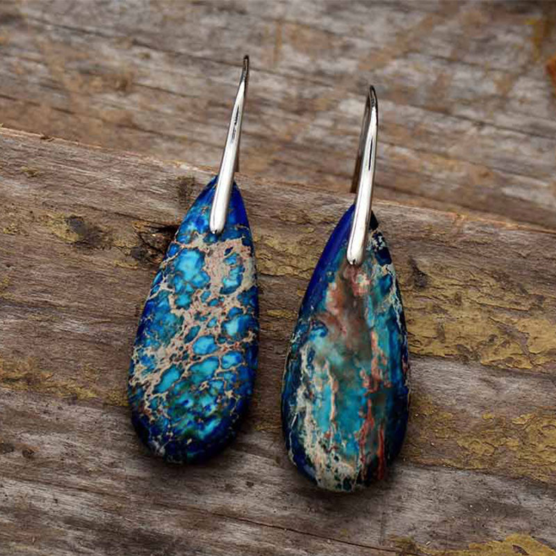 Blaue Kaiserstein Ohrringe Tropfen Silber Holz Boho Schmuck spirituell Ohrhänger