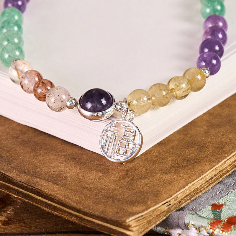 Schlüsselanhänger Fu Super Seven Kristall Amethyst Silber Glücksbringer spirituell