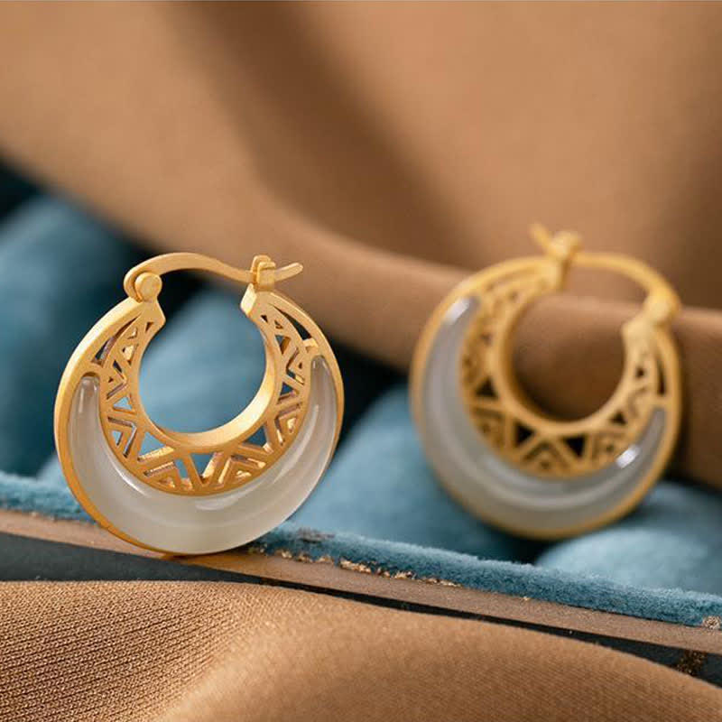 Ohrringe Jade Halbmond Gold filigran Boho Schmuck spirituell Creolen