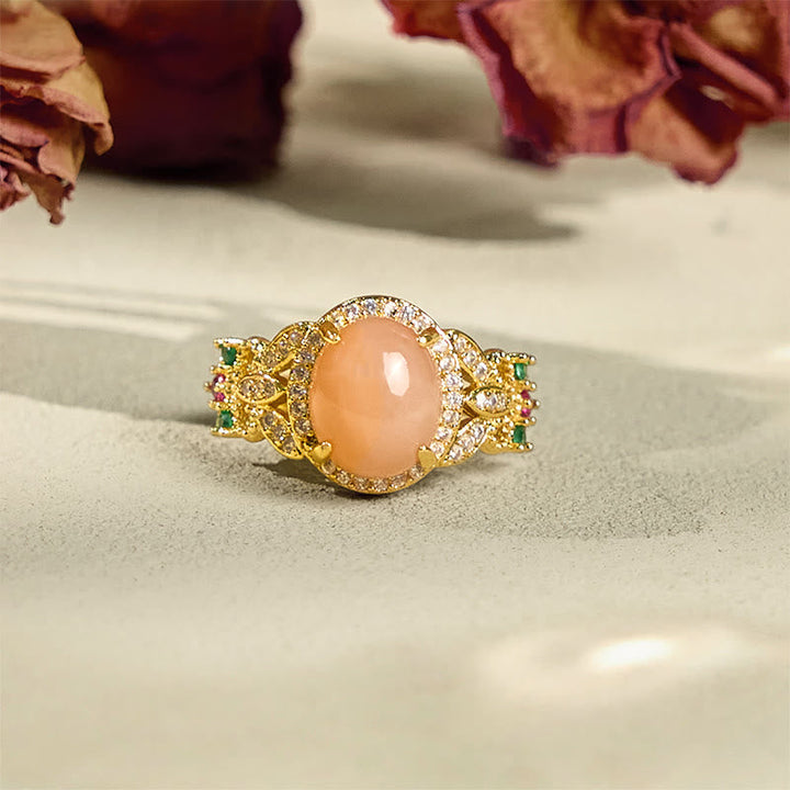 Pfirsichmondstein Ring Gold Fassung Fengshui Glücksblume Ruhe Schutz
