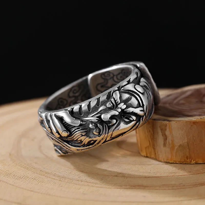 Guan Gong Ring Glückswolken Wohlstand Silber Drache Feng Shui Schutz