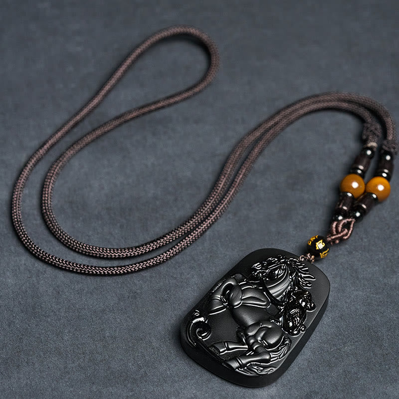 Schwarzer Obsidian Anhänger Kette Pferd Naturstein mit Perlen