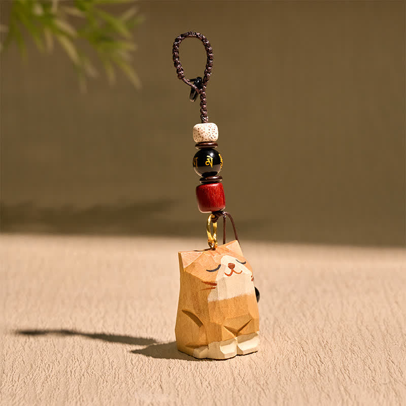 Schlüsselanhänger Om Mani Padme Hum Katze Holz handgeschnitzt spirituell Glücksbringer
