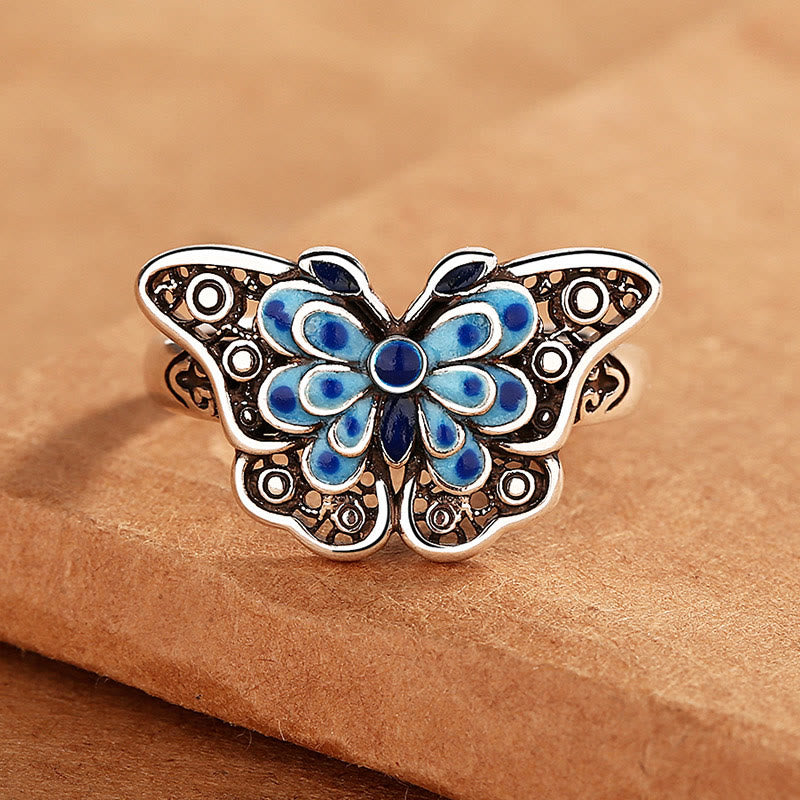 Ring Emaille Blau Schmetterling Liebe Kupfer Vintage Ornament Fingerring
