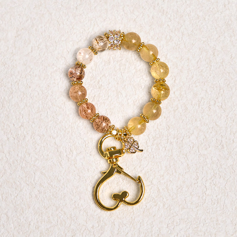 Schlüsselanhänger Rutilquarz – Glück Kleeblatt Gold Perlen Feng Shui Schmuck