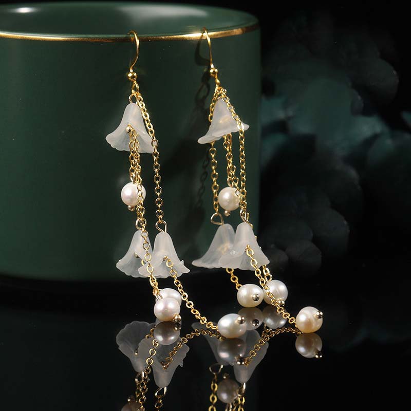 Ohrringe Perlen Blume Glück lange Ohrhänger Gold zarte Blüten Boho Schmuck