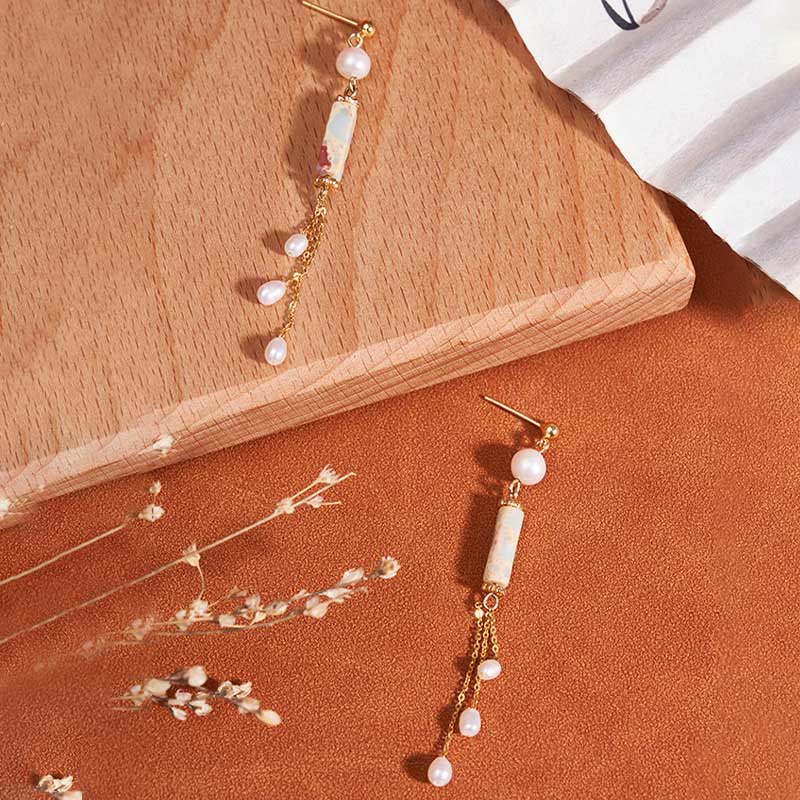 Ohrringe Shoushan-Stein Perle Gold Boho Schmuck zarte Ohrhänger spirituell