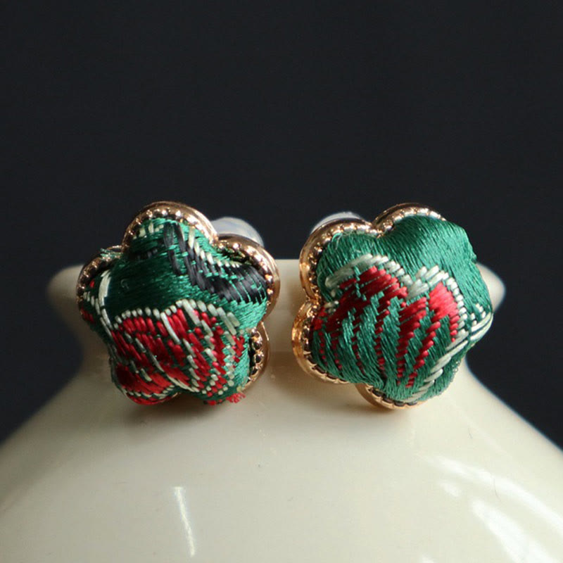Ohrringe Songbrocade Blume – Balance grün rot Stickerei Boho Schmuck Ohrstecker