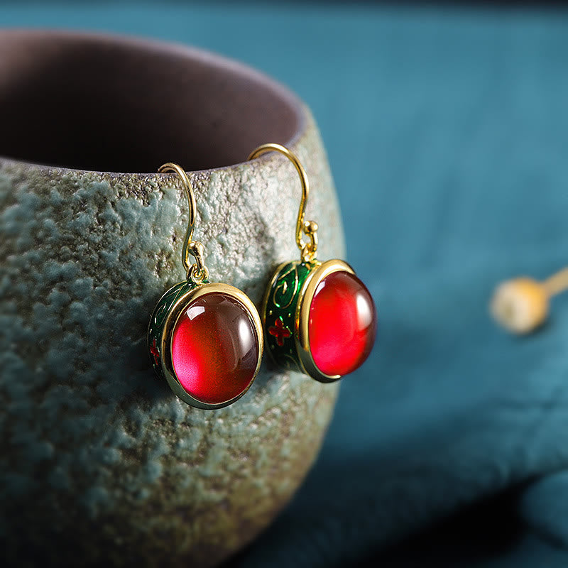 Ohrringe Roter Korund Gold Cloisonné Vintage Boho Schmuck Ohrhänger spirituell