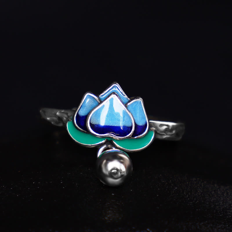 Blauer Lotus Ring aus Silber mit grünen Blütenblättern und Perle Fengshui