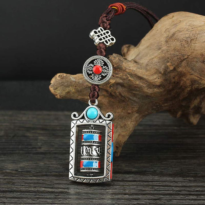 Schlüsselanhänger Om Mani Gebetsmühle Silber Türkis Tibet spirituell Glücksbringer