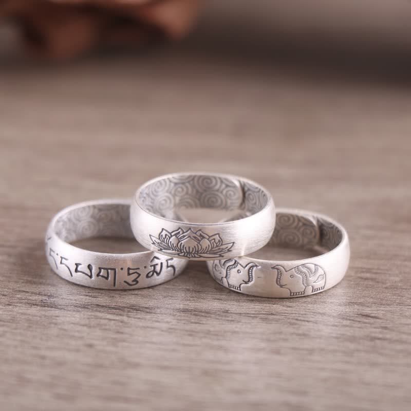 Ring Lotus Elefant Sechs Wahrheitsworte Silber buddhisch Segen Schutz