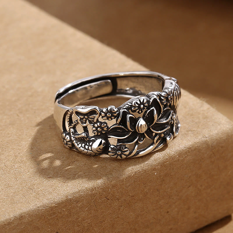 Silber Ring Lotus Koi Fisch Klarheit Blumen Fengshui Design