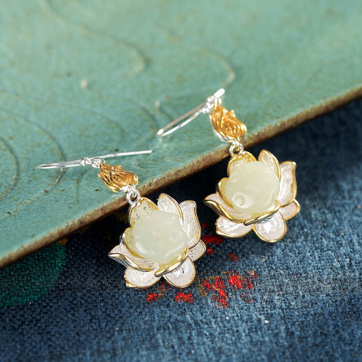 Ohrringe Weißer Jade Tropfen Lotusblüte Silber Gold Boho Schmuck spirituell