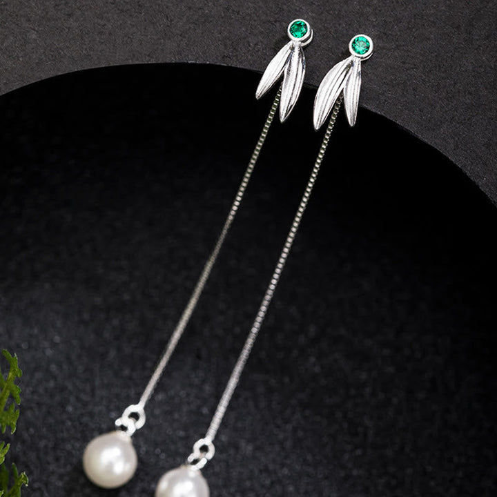 Perlen Ohrringe Silber Bambus Blätter Smaragd lange Ohrhänger Boho Schmuck