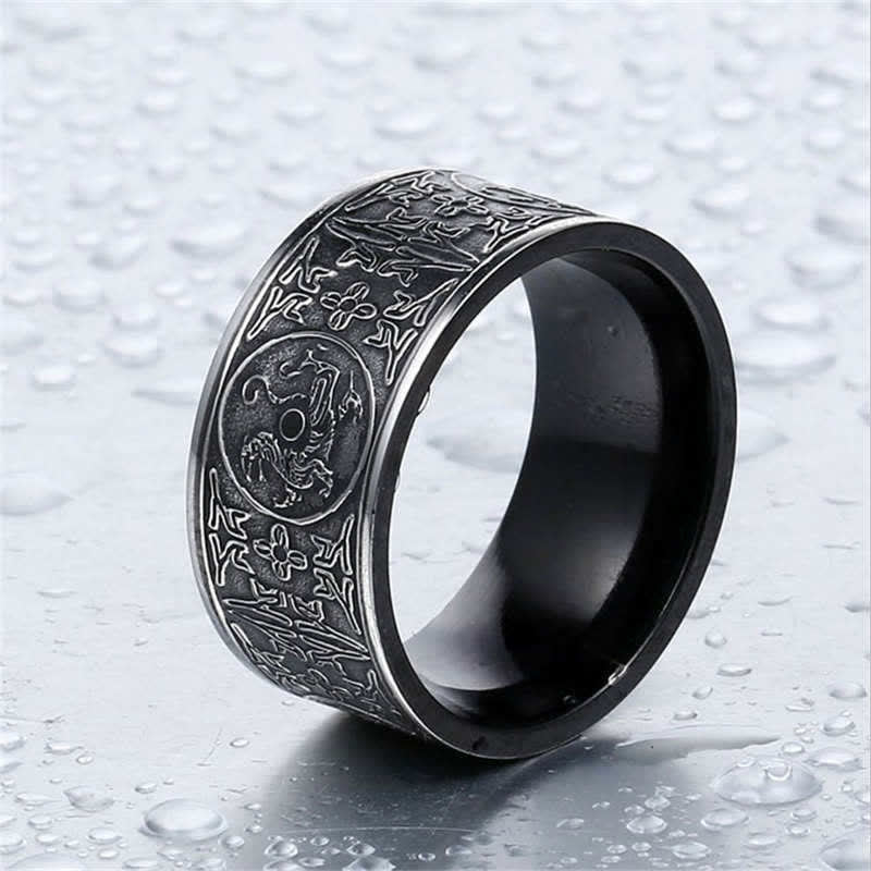 Schwarzer Ring Drachen Tigermotiv Basalt graviert – Fengshui Erfolg Glück