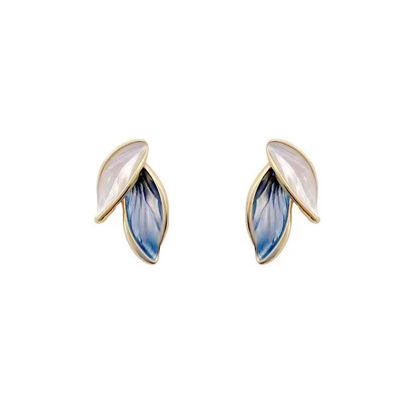 Ohrringe Blatt Kupfer blau weiß Emaille Boho Schmuck elegant Ohrstecker