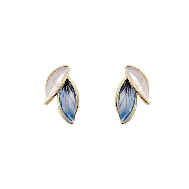 Ohrringe Blatt Kupfer blau weiß Emaille Boho Schmuck elegant Ohrstecker