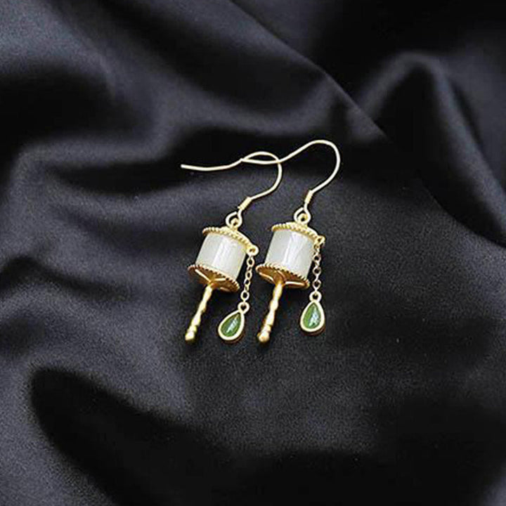 Ohrringe Jade Gebetsmühle weiß gold Ohrhänger spiritueller Schmuck Boho