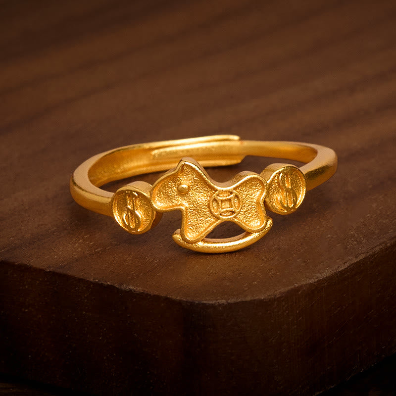 Pixiu Ring Kupfermünze Pferdjahr vergoldet Fengshui Glück Amulett Fingerring