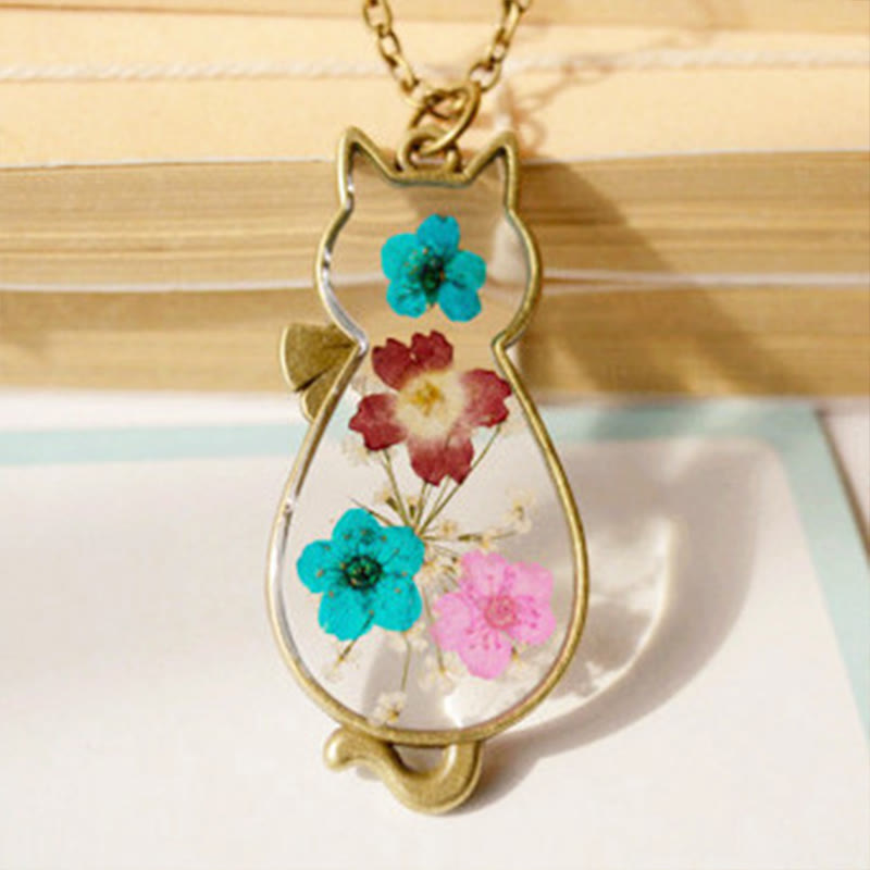 Kupfer Kette mit Katzenanhänger Rosenquarz Heilung bunte Blüten